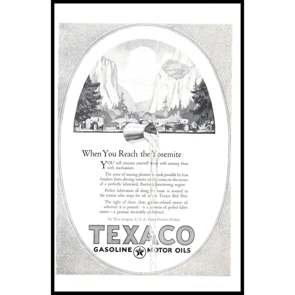 1924 Texaco Gasoline Motor Oil Vintage Print Ad Yosemite National Park Wall Art